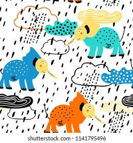 Childish seamless pattern of clouds and elephants. Background for poster, cover booklet, banner, surface design. Clouds like an elephant.