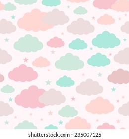 Childish seamless pattern with clouds and stars. Vector background for design