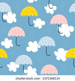 Childish seamless pattern with clouds and umbrellas. Cute graphic for nursery. Vector hand drawn illustration.