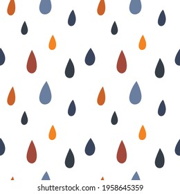 Childish seamless pattern with color rain drops. Boho pattern for kids. Cartoon background ideal for nursery clothing, kids room decoration, wrapping paper for gifts, textile.