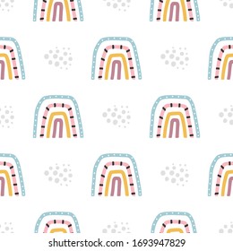 Childish seamless pattern with color rainbow and abstract elements. Baby print, vector illustration