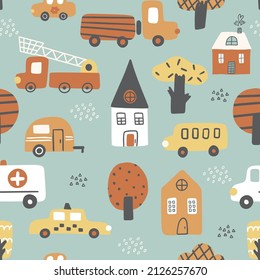 Childish seamless pattern with colorful buildings, trees, cars on a blue background. Small town.