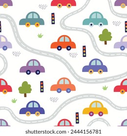 Childish seamless pattern with colorful cars, room decor for kids, vector 