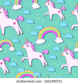 Childish seamless pattern. colorful cartoon unicorns, rainbows, clouds, decorative elements on a light neutral background. vector. design for textile, fabric, print, wrapping paper. hand drawing. 