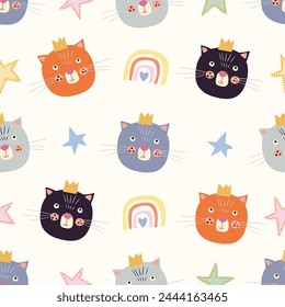 Childish seamless pattern with colorful cats, stars and rainbows, kids wallpaper, decorative background
