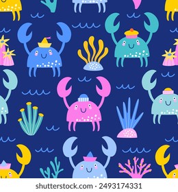 Childish seamless pattern with colorful crabs. Ideal for baby fabric or paper printing. Vector illustration