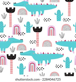 Childish seamless pattern with colorful crocodile, trees and rainbow. Creative childish texture for fabric, wrapping, textile, wallpaper, apparel. Vector illustration.