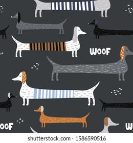 Childish seamless pattern with colorful dachshunds . Trendy scandinavian vector background. Perfect for kids apparel,fabric, textile, nursery decoration,wrapping paper