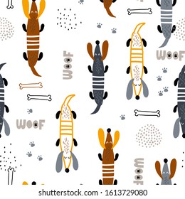 Childish seamless pattern with colorful dachshunds . Trendy scandinavian vector background. Perfect for kids apparel,fabric, textile, nursery decoration,wrapping paper