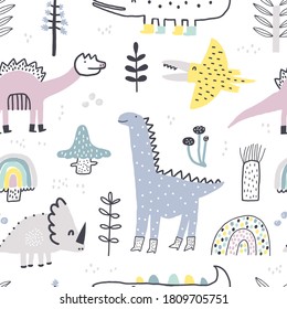 Childish seamless pattern with colorful dinosaurs, trees and mushrooms. Creative childish texture for fabric, wrapping, textile, wallpaper, apparel. Vector illustration.