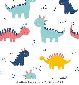 Childish seamless pattern with colorful dinosaurs on a white background. Ideal for baby clothes, textiles, wallpaper, wrapping paper.