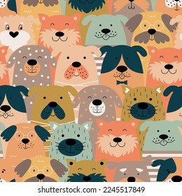 Childish seamless pattern with colorful dogs. Vector illustration. Can be used for textiles, website backgrounds, and packaging.