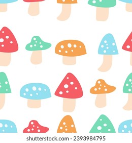 Childish seamless pattern with colorful doodle of mushrooms. Perfect for background, wrapping, fabric, and more