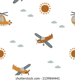 Childish seamless pattern with colorful planes, helicopters and clouds. White background.