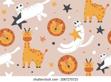 Childish seamless pattern. Colorful poster with lion, cat, giraffe and stars. Design element for cover and postcard or printing on fabric and textiles. Cute animals. Cartoon flat vector illustration