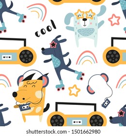 Childish seamless pattern with cool dogs and music theme in Scandinavian style. Vector Illustration. Kids illustration for nursery design. Great for baby clothes, greeting card, wrapping paper.