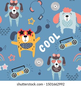 Childish seamless pattern with cool dogs and music theme in Scandinavian style. Vector Illustration. Kids illustration for nursery art. Great for baby clothes, greeting card, wrapping paper.