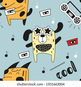 Childish seamless pattern with cool dogs and music in Scandinavian style. Blue backdrop. Vector Illustration. Kids illustration for nursery art. Great for baby clothes, greeting card, wrapping paper.