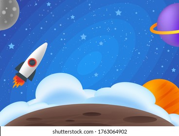 Childish seamless pattern - cosmos, stars, planets, spaceship and comets. Vector flat illustrations. Space theme. Cartoon style for nursery. Solar system.