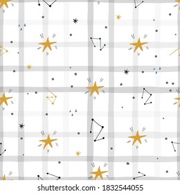 Childish seamless pattern with cosmos and stars. Perfect for kids apparel,fabric, textile, nursery decoration,wrapping paper