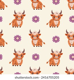 Childish Seamless Pattern with cow and flower. Cute endless background with baby animal and daisy blossom. Shaggy highland cattle. Repeat vector illustration for kids, dairy products wallpaper fabric