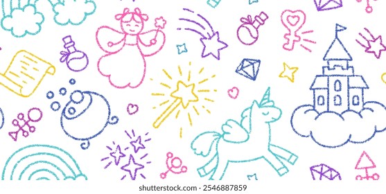 Childish seamless pattern with crayon drawn cute fairy, unicorn, rainbow and castle. Kids hand drawn background with color doodle magic elements, vector illustration