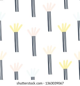 Childish seamless pattern with creative decorative flowers in scandinavian style. Great for textile, fabric, wrapper and wallpaper. Vector illustration.