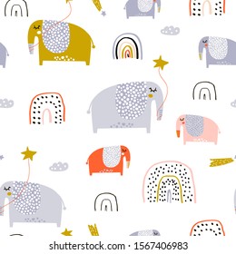 Childish seamless pattern with creative elephants and rainbows. Trendy kids vector background. Perfect for kids apparel, fabric, textile