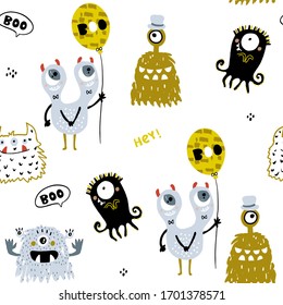 Childish seamless pattern with creative monsters. Funny monsters vector background. Perfect for kids apparel, textile, fabric.