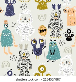 Childish seamless pattern with creative monsters characters. Funny monsters vector background. Perfect for kids apparel, textile, fabric.