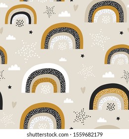 Childish seamless pattern with creative rainbows, stars. Trendy kids vector background. Perfect for kids apparel, fabric, textile