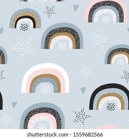 Childish seamless pattern with creative rainbows, stars. Trendy kids vector background. Perfect for kids apparel, fabric, textile