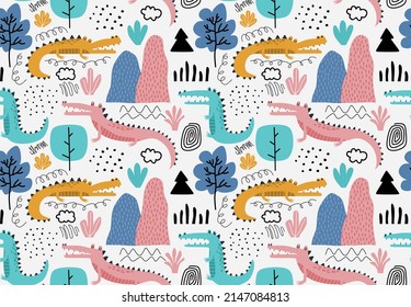 Childish seamless pattern with crocodile.