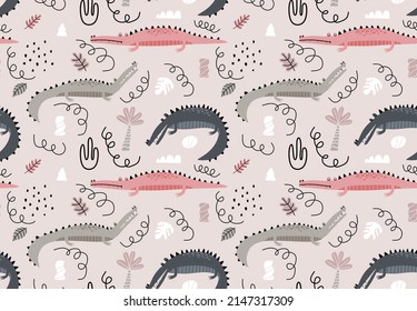 Childish seamless pattern with crocodile.