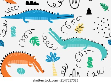 Childish seamless pattern with crocodile.