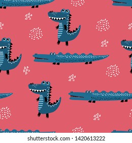 Childish seamless pattern with crocodile cartoons. Scandinavian style.