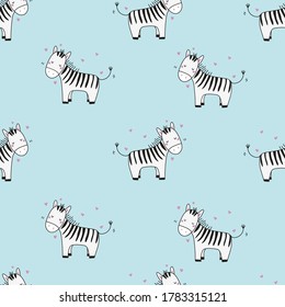 Childish seamless pattern cute adorable hand drawn doodle zebras with hearts on a blue background. Design for children t-shirt, nursery textile, wrapping paper