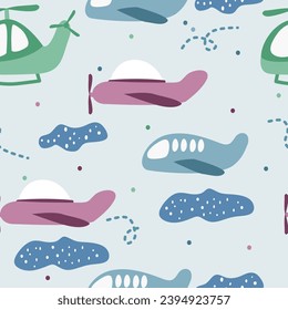 Childish seamless pattern with cute airplanes. Flat  hand drawn planes, perfect for background, fabric, print, wrapping paper, etc