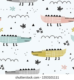 Childish seamless pattern with cute alligator and tropical plants. Perfect for kids fabric, textile, nursery wallpaper. Creative jungle childish texture. Scandinavian style.