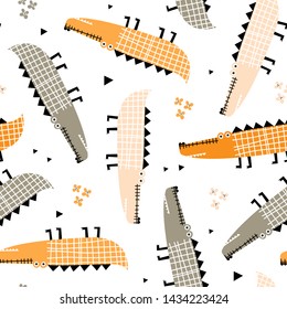 Kindernahtloses Muster mit süßem Alligator. Cute Vektorgrafik, kinetischer Hintergrund für Stoff, Textilien, Tapete für Kindergarten. Vektorgrafik. Weißer Hintergrund.