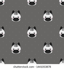 Childish seamless pattern cute animal zebra on grey background with dots. Vector illustration for kid. Pattern suitable for posters, postcards, fabric or wrapping paper.
