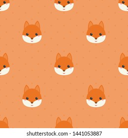 Childish seamless pattern cute animal fox on oranges background with dots. Vector illustration for kid. Pattern suitable for posters, postcards, fabric or wrapping paper.