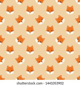 Childish seamless pattern cute animal fox on oranges background. Vector illustration for kid. Pattern suitable for posters, postcards, fabric or wrapping paper.