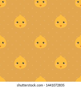 Childish seamless pattern cute animal chick on orange background with dots. Vector illustration for kid. Pattern suitable for posters, postcards, fabric or wrapping paper.