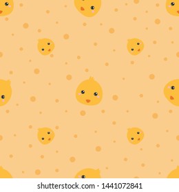 Childish seamless pattern cute animal chick on orange background with dots. Vector illustration for kid. Pattern suitable for posters, postcards, fabric or wrapping paper.