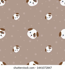 Childish seamless pattern cute animal dog on brown background. Vector illustration for kid. Pattern suitable for posters, postcards, fabric or wrapping paper.