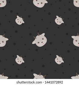 Childish seamless pattern cute animal goat on dark background with dots. Vector illustration for kid. Pattern suitable for posters, postcards, fabric or wrapping paper.