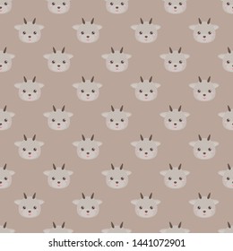 Childish seamless pattern cute animal goat on brown background. Vector illustration for kid. Pattern suitable for posters, postcards, fabric or wrapping paper.