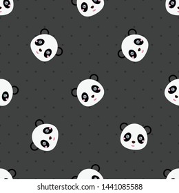 Childish seamless pattern cute animal panda on dark background with dots. Vector illustration for kid. Pattern suitable for posters, postcards, fabric or wrapping paper.