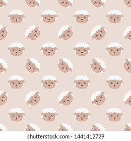 Childish seamless pattern cute animal sheep on light background. Vector illustration for kid. Pattern suitable for posters, postcards, fabric or wrapping paper.